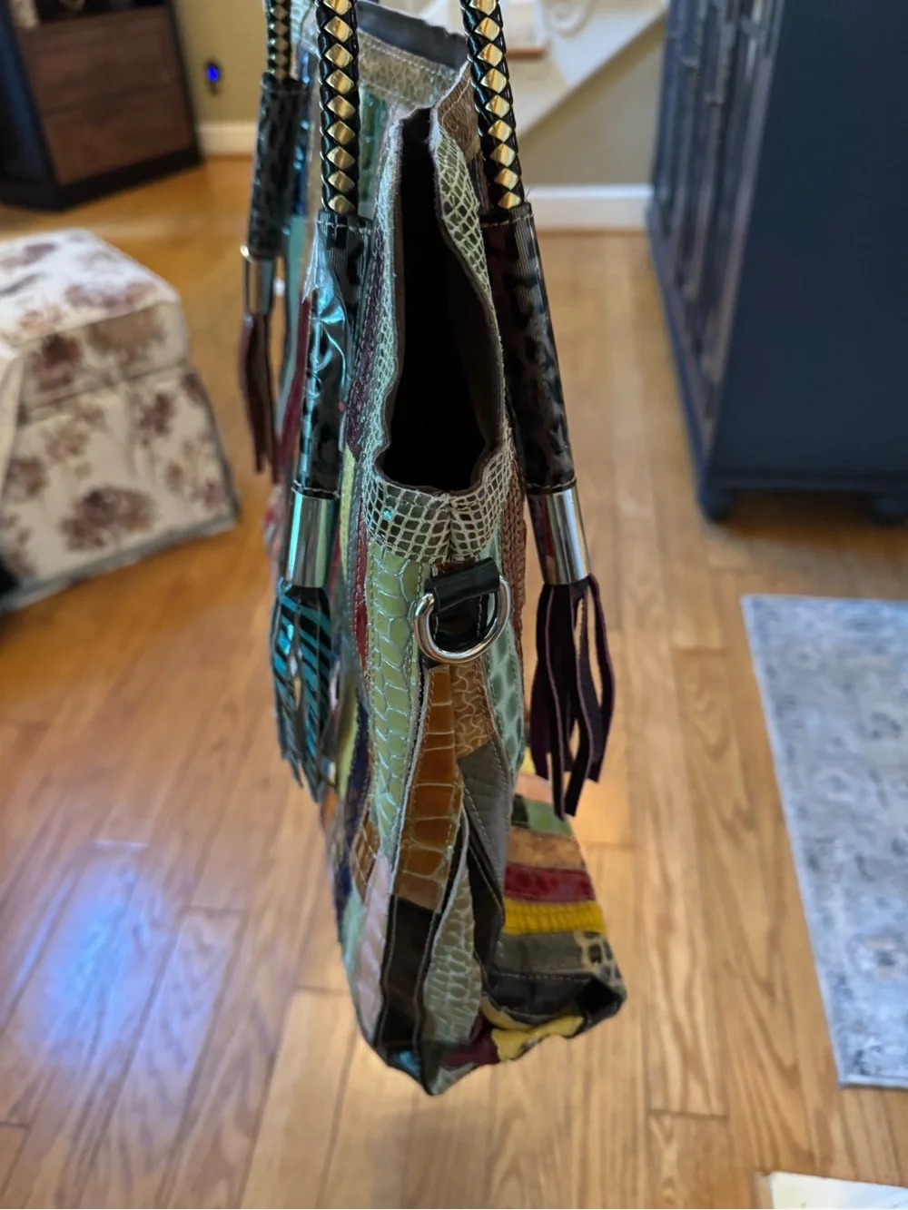 Multicolor Patchwork Faux Exotic Embossed Tote Shoulder Bag Boho Unique Eclectic